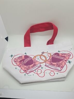 Source Unknown White Canvas Tote with Pink Handles and Illustrated Book Design